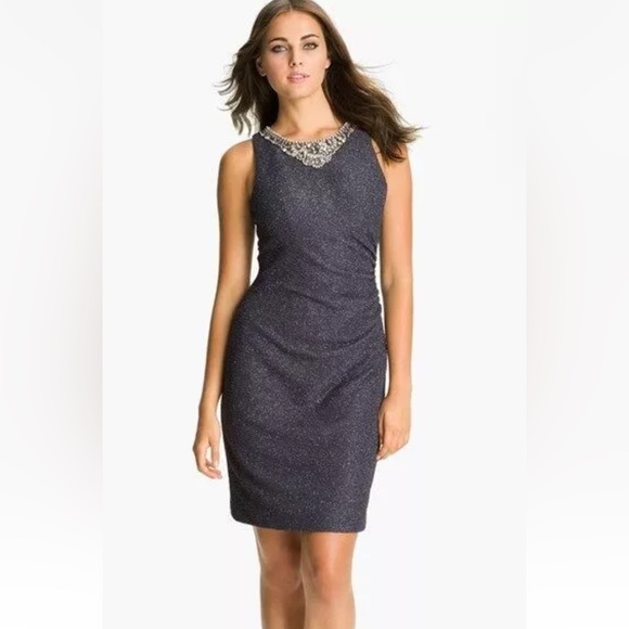 Eliza J Cocktail Sparkle Gray Ruched Dress‎ Size 10 Knee Length Beaded Neckline - Picture 1 of 13